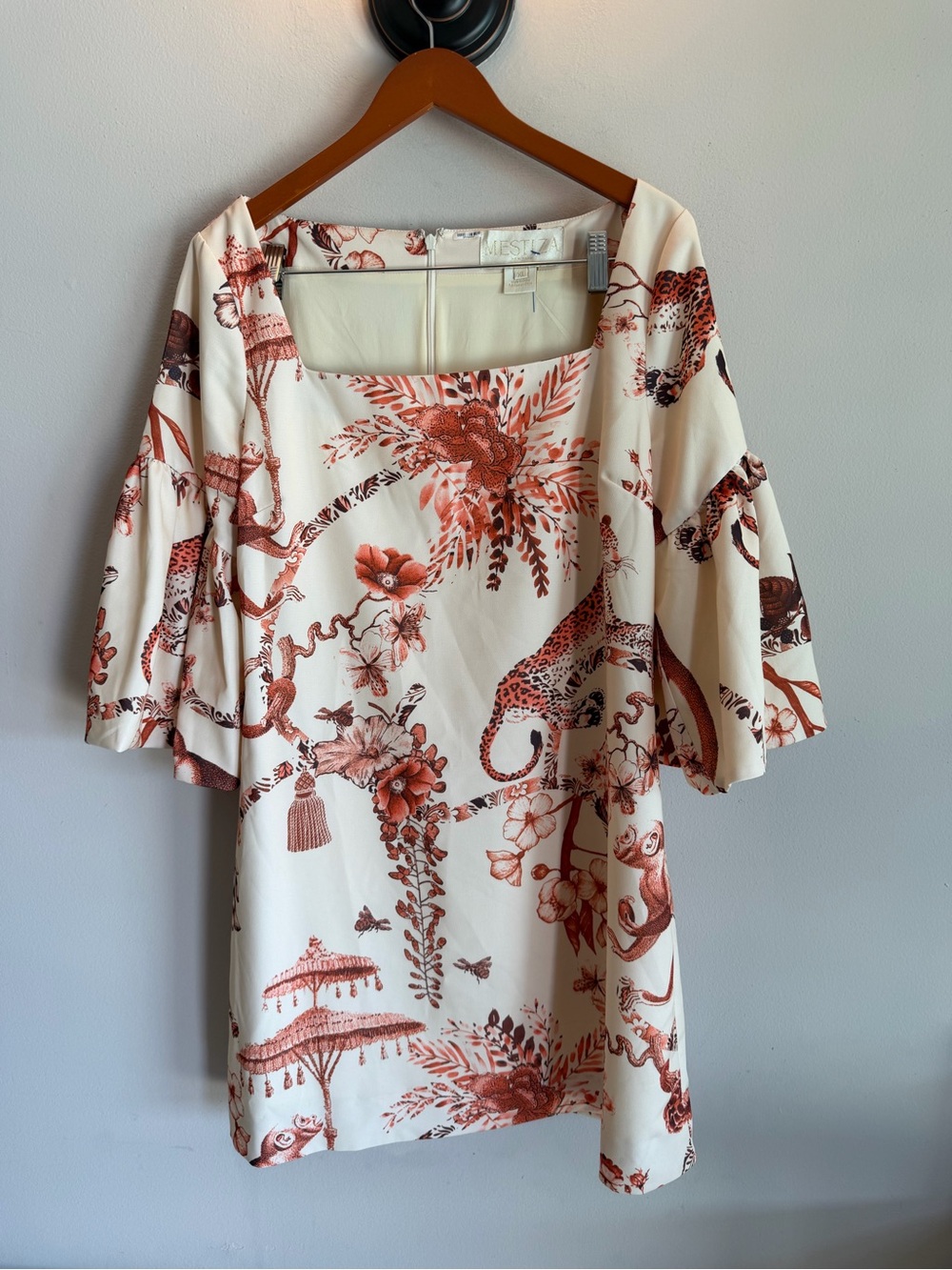 Mestiza New York Toile Leopard Monkey Bell Sleeve Square Neck Mini Dress XL